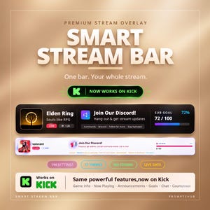 May include: A digital stream overlay graphic titled Smart Stream Bar. It features a black bar with game info, Discord link, and sub goal progress, a white version, and buttons labelled 144 Settings, 17 Themes, No Coding, and Live Data on a gold background.