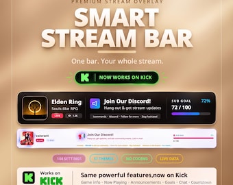 Kick Smart Stream Bar Overlay - Minimalist Glass Bottom Bar, StreamElements Widget, Live Chat, Sub Goals, Music | OBS Studio