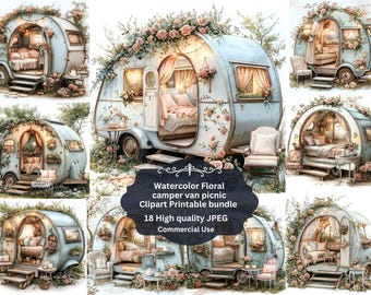 May include: Watercolor illustrations of vintage camper vans decorated with flowers. The light blue vans have open doors and windows, revealing cozy interiors with beds and seating. The image includes the text: "Watercolor Floral camper van picnic Clipart Printable bundle".