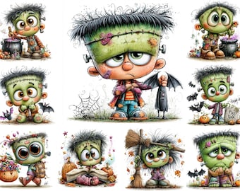 32 Halloween gothic jongen clipart, schattige monsterkinderen digitale download, griezelig stripfiguur, gothic kinderkamerkunst, junk journal, scrapbook