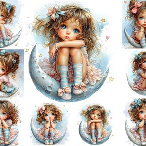 Girl sitting on Moon cute Clipart, Whimsical Ephemera, Watercolor Clip Art JPGs, Instant Download, Fantasy Junk Journal, Paper Craft