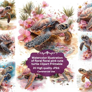 JPEG Pink Sea floral Turtle Clipart bundle , sea Vibe Design, Under the sea,Printable Watercolour,High-Quality JPGs, Papercraft Junk Journal