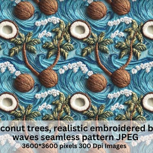 Puede incluir: Un patrón sin costuras que presenta cocoteros y olas azules bordadas. El patrón está hecho con detalles realistas y es perfecto para un diseño de temática tropical.