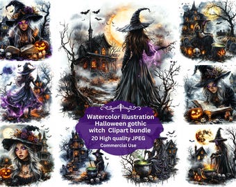 JPEG Watercolor Gothic Halloween Witch Collection Clipart, Halloween Clipart, Gothic Witch Clipart, Halloween Witch Clipart, Commercial Use
