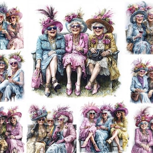 Oudere dames vrienden verzamelen clipart, oudere vrouwen in tuin afbeelding, vrouwen beste vrienden wijn datum, afdrukbare aquarel, hoogwaardige