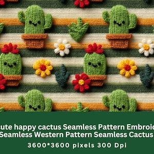May include: A seamless pattern featuring embroidered green cacti in brown pots, red, yellow, and white flowers, and green leaves on a striped background. The pattern is repeated across the image. The text at the bottom says "3d cute happy cactus Seamless Pattern Embroidery Seamless Western Pattern Seamless Cactus".