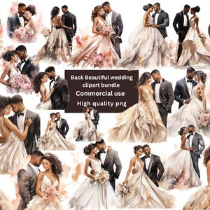 Hermoso paquete de imágenes prediseñadas de acuarela de novia negra y novio negro, imágenes prediseñadas de pareja de novios, diario basura, novia de piel negra, imágenes prediseñadas de boda png