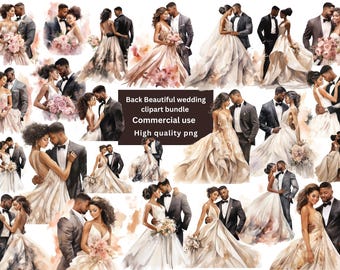 Beautiful Black Bride and black Groom Watercolor Clipart Bundle, Wedding Couple clipart, Junk Journal black skin Bride Wedding Clipart png