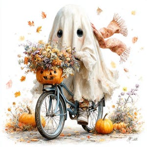 Op de afbeelding: Een wit spookfiguur gehuld in een laken met grote zwarte ogen rijdt op een blauwe fiets. Een uitgesneden pompoenmand aan het stuur is gevuld met herfstbloemen. Een sjaal met patroon wappert erachter, omringd door vallende oranje bladeren en pompoenen.