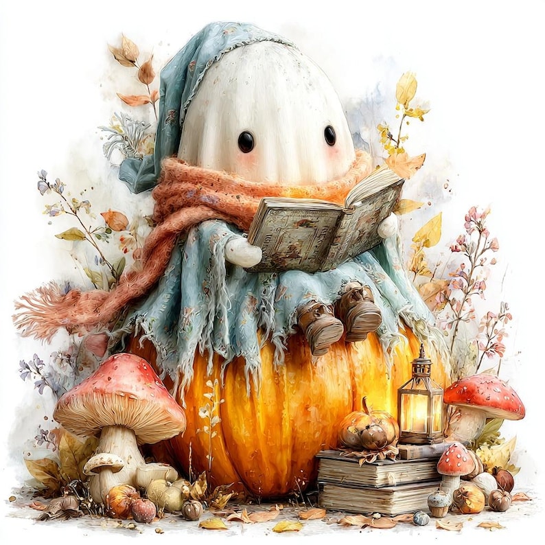Op de afbeelding: Een witte geestfiguur met zwarte ogen, gekleed in een blauwe mantel met capuchon en een oranje sjaal, zittend op een grote oranje pompoen terwijl deze een open boek leest. De sc&egrave;ne bevat roodhoofdige paddenstoelen en een lantaarn.