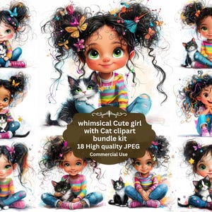 Schrulliges Mädchen mit Katze, Clipart, süßes Geschenk für Katzenliebhaber, süßes Babymädchen, druckbares Aquarell, hochwertige JPGs, Papiermodell, Junk Journal