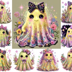 May include: A series of charming illustrations showcasing ghost characters. Each ghost has a happy expression, decorated with floral details, bows, and glitter. The ghosts are in different poses and settings, with a soft, pastel colour palette.