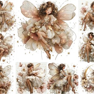 Peut inclure: Une collection de huit illustrations numériques représentant des fées aux cheveux bruns, aux ailes translucides et aux robes superposées dans des tons crème, beige et rose pâle, agrémentées d'éclats dorés, de fleurs et de croissants de lune.