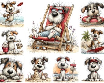 Può includere: Una collezione di illustrazioni ad acquerello con cani dei cartoni animati che si godono una vacanza al mare. I cani sono raffigurati mentre giocano in acqua, si rilassano su una sedia a sdraio, costruiscono castelli di sabbia e fanno surf. La tavolozza dei colori comprende blu, marroni e rossi.