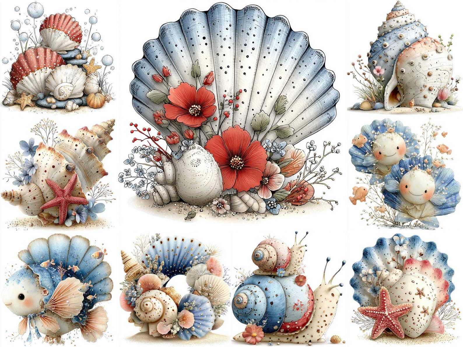Floral Seashell Clipart 24 JPEG Bundle, Coastal Nautical Shells With ...