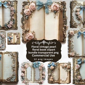 Hermoso libro de perlas encantado Shabby Chic Book Clipart Book Lover Clip Art Bundle Vintage Antique Books Digital Download Art