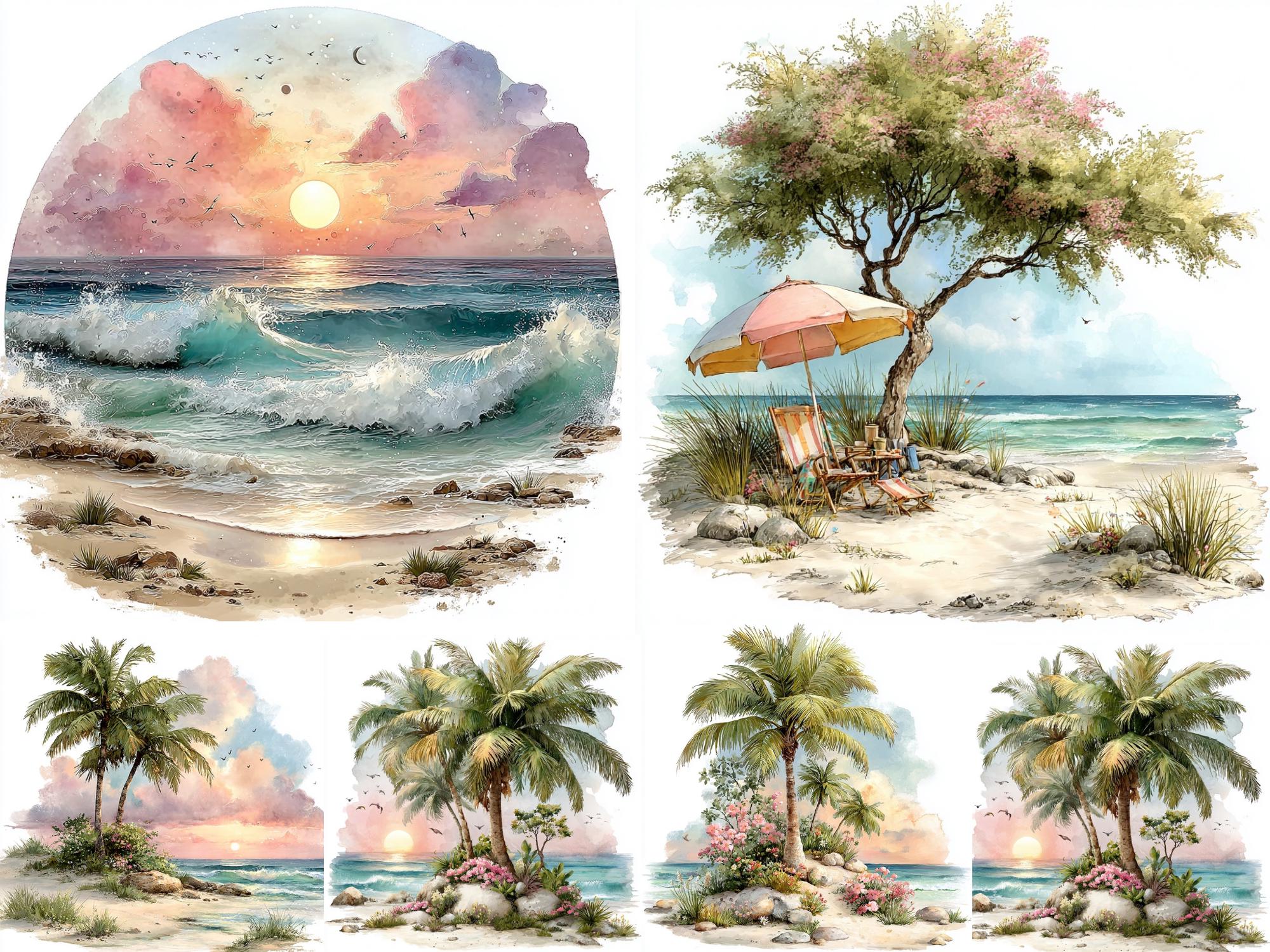 Watercolor Tropical Beach Clipart PNG | Coastal Lighthouse, Palm Trees ...