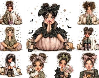 Cute Halloween Girl Clipart Bundle, Coquette Pumpkin Princess Collection, Spooky Watercolor Illustrations, Fashionable JPEG Digital Download