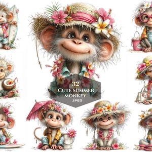 May include: A collection of digital illustrations featuring cartoon monkeys in summer attire. The monkeys wear floral leis, hats, and sunglasses, and hold items like surfboards and umbrellas. The text "32 Cute Summer Monkey JPEG" is included.