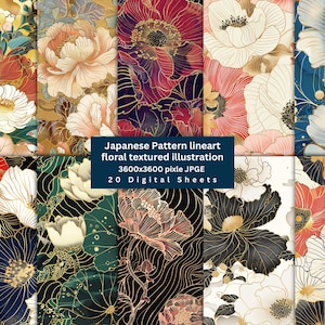 Könnte beinhalten: Eine Sammlung digitaler floraler Papiere mit japanischem Muster. Die Designs zeigen verschiedene Blumen in Rot-, Rosa-, Weiß- und Goldtönen mit einem strukturierten Effekt. Der Text auf dem Bild lautet "Japanese Pattern lineart floral textured illustration 3600x3600 pixle JPGE 20 Digital Sheets."