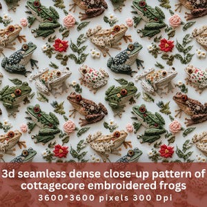 3D Cottagecore bestickte Frösche, Nahtlose Datei, Tierisches Nahtloses Muster, Regenwald-Nahtloses, Nahtloses Muster für Stoffdesign