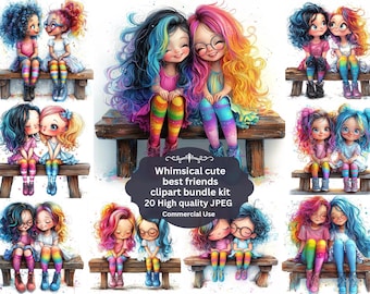 Cute whimsical Best Friends Clipart, Besties Clipart, Sisters Clipart, Best Friends Print, High Quality JPG, Digital Download,