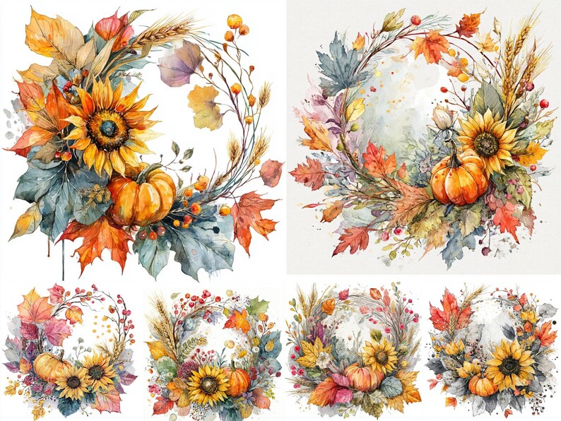 JPEG Autumn Fall Wreath Clipart Bundle, Thanksgiving Wreath Designs ...