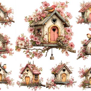 May include: Watercolor illustrations of decorative birdhouses. Each birdhouse features a heart-shaped door or window, surrounded by pink blossoms and perched on a branch. Some have birds perched on top.