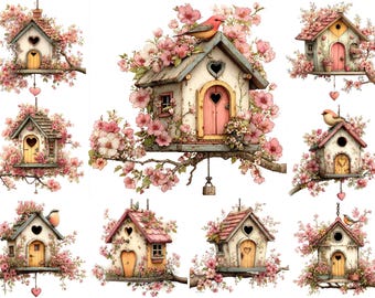 May include: Watercolor illustrations of decorative birdhouses. Each birdhouse features a heart-shaped door or window, surrounded by pink blossoms and perched on a branch. Some have birds perched on top.