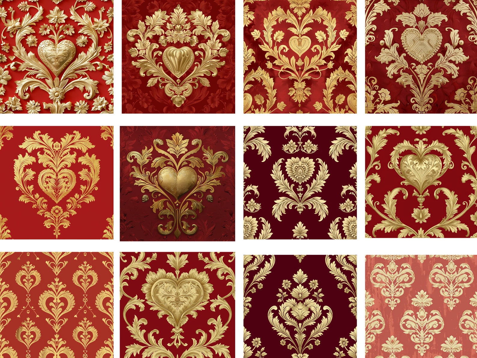 Seamless Rococo Gold & Red Heart Motifs Damask Pattern, Shiny Metallic ...