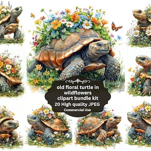 Tortuga vintage rodeada de flores silvestresJPEG Clipart de concha floral Animal botánico Clipart de acuarela imprimible JPG de alta calidad, papel