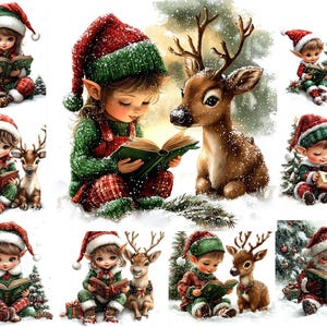 Puede incluir: Ilustraciones en acuarela de elfos navideños leyendo libros con renos. Los elfos visten trajes y sombreros rojos y verdes. Los renos tienen pelaje y cornamentas marrones. La nieve cae alrededor de las figuras, creando una escena festiva.