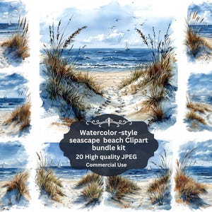 Könnte beinhalten: Aquarell-Strand-Cliparts-Bundle-Kit mit Strandansichten mit Pfaden zum Meer. Die Bilder zeigen Sanddünen, hohes Gras, Segelboote und einen blauen Himmel mit Wolken. Der Text auf dem Bild lautet: "20 High quality JPEG Commercial Use."