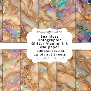 May include: 18 digital seamless holographic glitter alcohol ink wallpaper sheets in a variety of colors, including gold, purple, blue, and white. The design features a marbled effect with gold glitter.