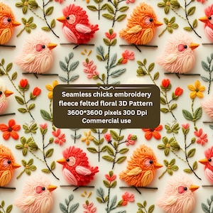 May include: A seamless embroidery pattern featuring pink, orange, and white chicks with floral accents. The pattern is 3600 x 3600 pixels and 300 DPI. It is for commercial use.