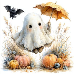 Op de afbeelding: Een wit spookfiguur met grote zwarte ogen houdt een paraplu vast gemaakt van een goudbruin herfstblad. Een kleine zwarte vleermuis vliegt erboven. Onderaan liggen oranje pompoenen en gedroogd gras in deze aquarelachtige illustratie.