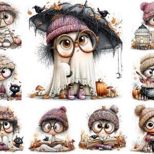 Op de afbeelding: Een verzameling illustraties van een personage met een gebreide muts en een grote ronde bril, afgebeeld als een geest in een wit laken. Het personage is te zien in diverse herfsttaferelen met pompoenen, zwarte katten, paraplu's en boeken.