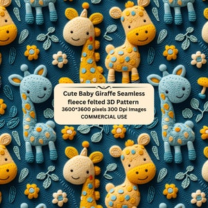 Puede incluir: Un patrón sin costuras con lindas jirafas bebés con manchas amarillas, azules y blancas sobre un fondo azul oscuro. Las jirafas están rodeadas de pequeñas flores amarillas y blancas y hojas verdes.