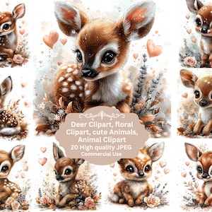 JPEG Aquarell Hirsch Clipart, floralen Clipart, süße Tiere, Tier Clipart, Aquarell Tiere, hohe Qualität JPG, digitaler Download, Junk