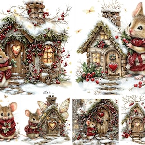 May include: Watercolor illustrations of charming mouse characters in red sweaters and scarves, standing near cozy, snow-covered cottages. The cottages feature heart-shaped doors and are adorned with berries and greenery, creating a whimsical, festive scene.