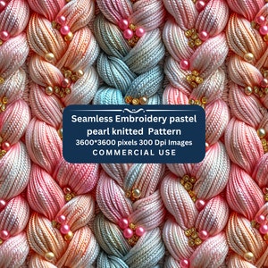 Pode incluir: Padrão sem costura de fio trançado em rosa pastel, pêssego e azul com enfeites de pérolas e contas douradas. O padrão é de 3600 x 3600 pixels e 300 DPI.  USO COMERCIAL.