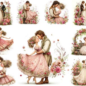 Może przedstawiać: Akwarelowe ilustracje romantycznych par w stylu vintage. Obrazy przedstawiają mężczyzn i kobiety obejmujących się i tańczących, otoczonych aranżacjami kwiatowymi. Paleta kolorów obejmuje miękkie róże, kremy i zielenie, wywołując romantyczny nastrój.