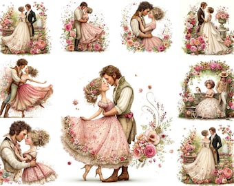 Pacote de Clipart Vintage de Casal de Noivos em PNG • Ilustração romântica em aquarela de noivos • Arte floral para casamento em estilo shabby chic