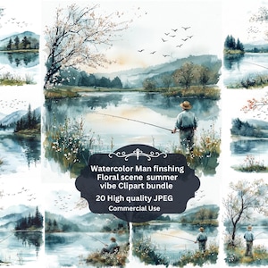 Hommes pêche scène Clipart, JPG haute résolution, aquarelle lac des cliparts, clipart aquarelle imprimable, créations en papier, art mural, numérique