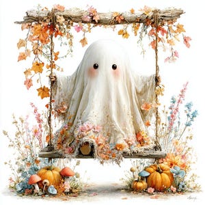 Op de afbeelding: Een witte spookfiguur met grote zwarte ogen en roze wangen zit op een houten schommel die aan touwen hangt. De schommel is versierd met oranje en gele herfstbladeren. Onder de schommel staan oranje pompoenen en kleine paddenstoelen.