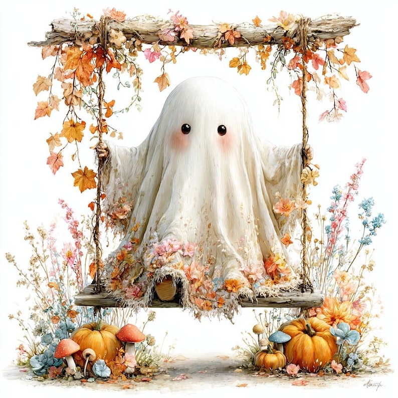 Op de afbeelding: Een witte spookfiguur met grote zwarte ogen en roze wangen zit op een houten schommel die aan touwen hangt. De schommel is versierd met oranje en gele herfstbladeren. Onder de schommel staan oranje pompoenen en kleine paddenstoelen.