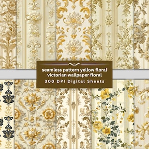 Victorian yellow Seamless Patterns, Purple Victorian Dollhouse Wallpaper Printable, Junk Journal Pages Vintage, Floral Stripe Craft Paper