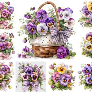 May include: Watercolor illustrations of pansies in various arrangements. Some are in bouquets with ribbons and butterflies, others in a woven basket with a polka-dot liner and a checkered bow. The flowers are purple, yellow, and white.