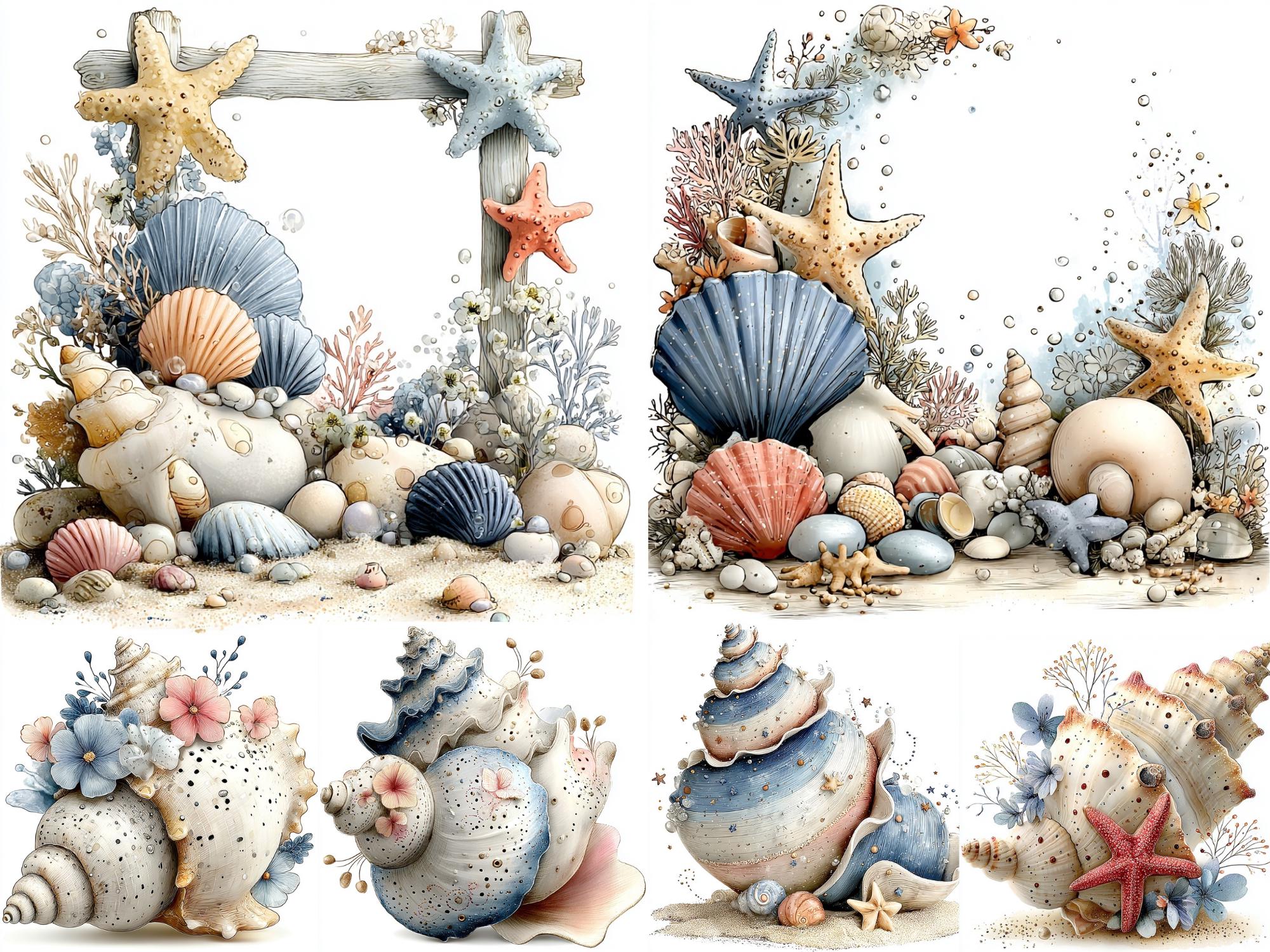 Floral Seashell Clipart 24 JPEG Bundle, Coastal Nautical Shells With ...