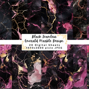 May include: 20 digital seamless marble paper designs in black, pink, and gold. Each design is 3600x3600 pixels.